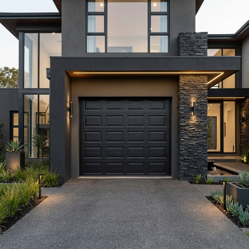 A modern black garage door set in a contemporary dark gray house with a stone pillar, large windows, and a concrete driveway.