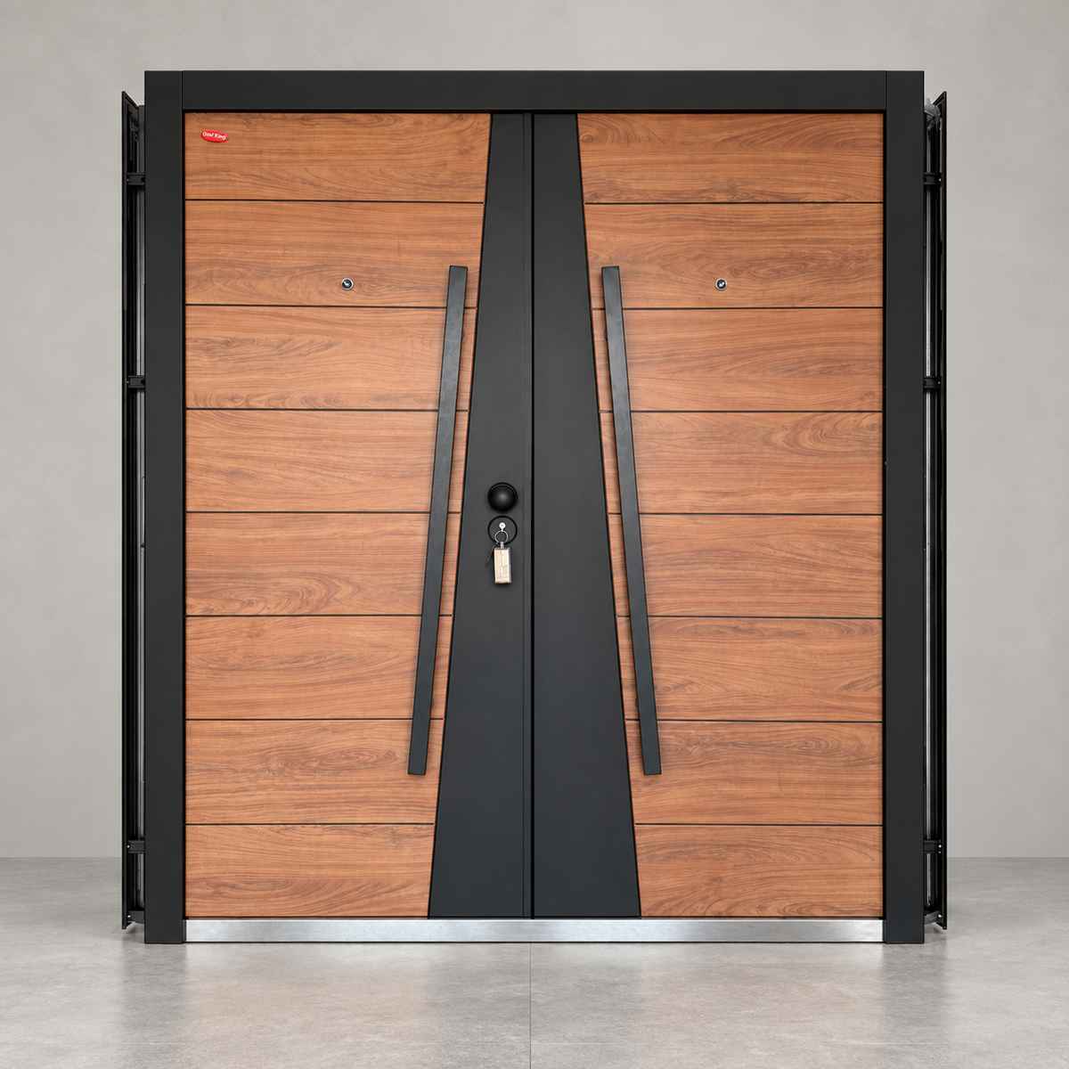 T-03 wood and black galvanized steel double security door, front view
