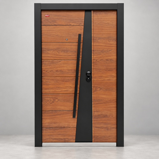 T-03 wood and black galvanized steel pivot security door, front view