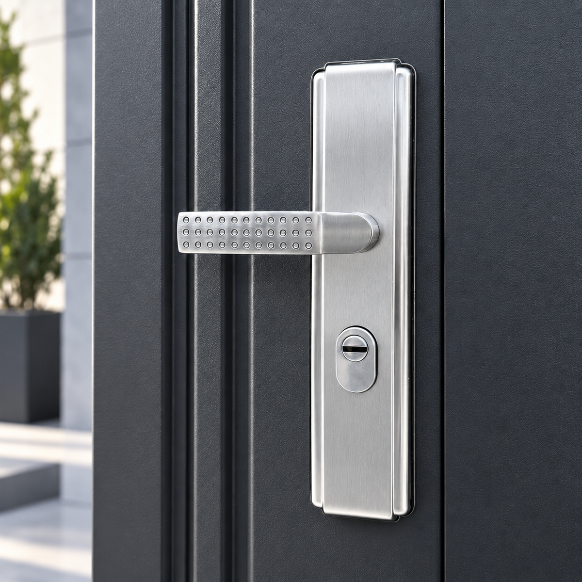 Universal silver security door handle installed on a charcoal security door